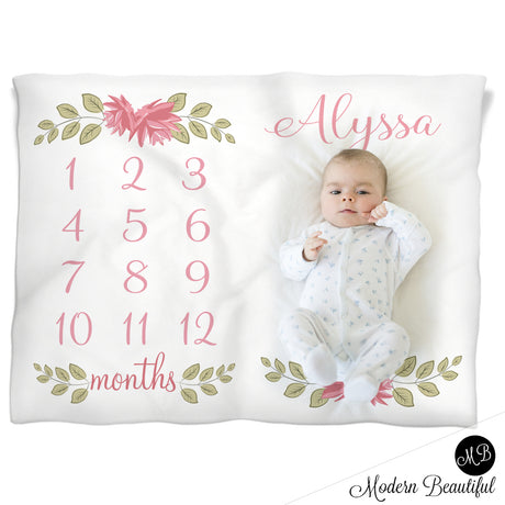 Baby girl floral name baby blanket, floral monthly milestone blanket, flower personalized growth baby gifts, personalized photo prop blanket - choose your colors