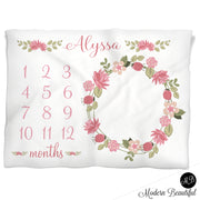 Floral wreath baby blanket for baby girl, green and pink monthly milestone blanket, floral personalized growth baby gifts, personalized photo prop blanket - choose your colors