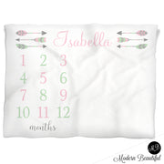 Mint and pink baby girl arrow name blanket, feather personalized growth baby gift, personalized photo prop blanket - choose your colors
