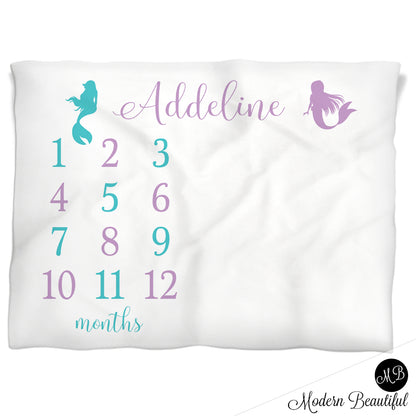 Baby girl purple and teal mermaid baby blanket, mermaid personalized growth baby gifts, personalized photo prop blanket - choose your colors