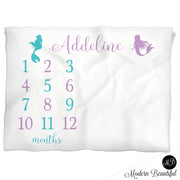 Baby girl purple and teal mermaid baby blanket, mermaid personalized growth baby gifts, personalized photo prop blanket - choose your colors