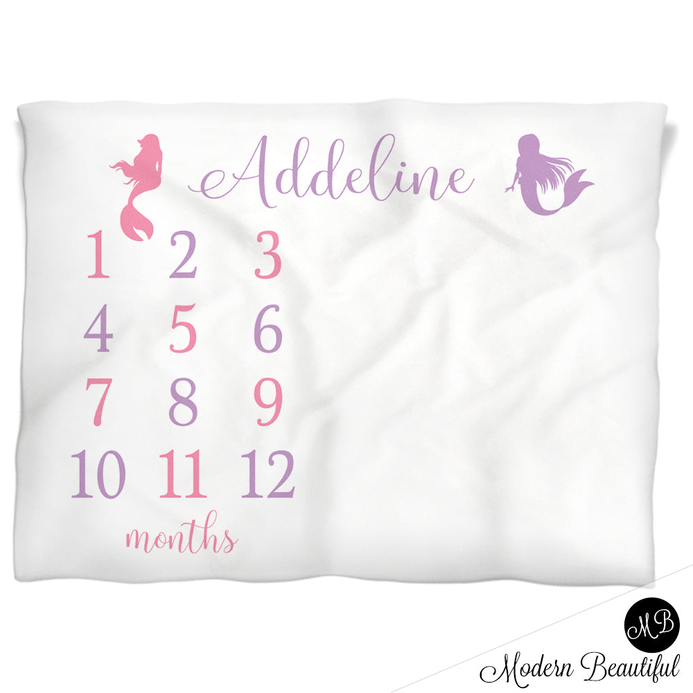Baby girl purple and pink mermaid baby blanket, mermaid personalized growth baby gifts, personalized photo prop blanket - choose your colors