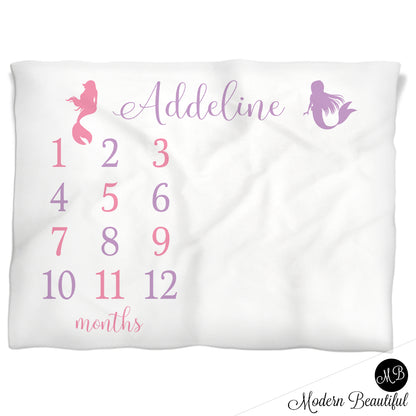 Baby girl purple and pink mermaid baby blanket, mermaid personalized growth baby gifts, personalized photo prop blanket - choose your colors