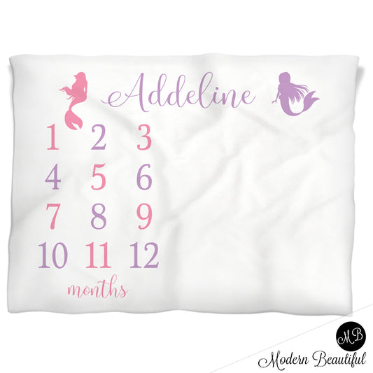 Baby girl purple and pink mermaid baby blanket, mermaid personalized growth baby gifts, personalized photo prop blanket - choose your colors