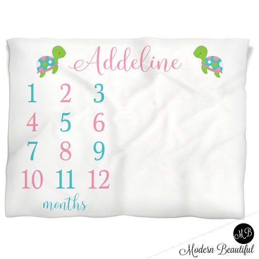 Baby girl sea turtle blanket, turtle personalized growth baby gifts, personalized photo prop blanket - choose your colors