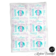 Monogram girl baby name blanket, monogram personalized blankets, teal and purple, boy or girl blanket, baby shower gift, personalized name blanket, (CHOOSE COLORS)