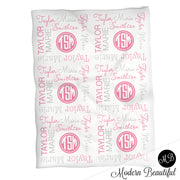 Monogram girl baby name blanket, monogram personalized blankets, pink and white, boy or girl blanket, baby shower gift, personalized name blanket, (CHOOSE COLORS)