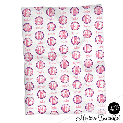 Monogram girl baby name blanket, monogram personalized blankets, pink and purple, boy or girl blanket, baby shower gift, personalized name blanket, (CHOOSE COLORS)