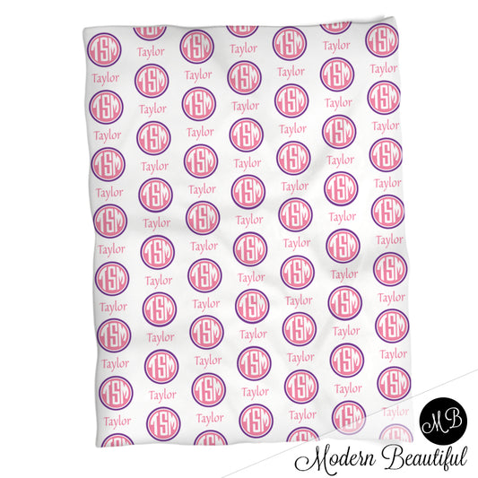Monogram girl baby name blanket, monogram personalized blankets, pink and purple, boy or girl blanket, baby shower gift, personalized name blanket, (CHOOSE COLORS)