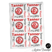 Monogram baby name blanket, red and black, monogram baby blanket, baby swaddling blankets, baby girl or boy, baby name blanket, baby shower gift, (CHOOSE COLORS)