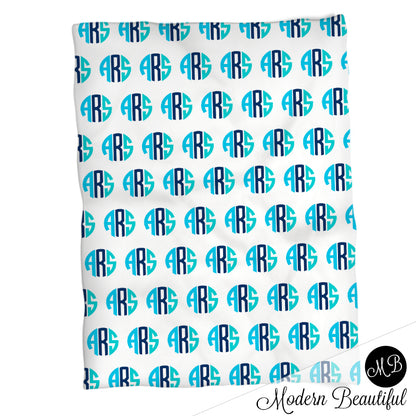 Monogram baby name blanket, aqua and navy, monogram baby blanket, baby swaddling blankets, baby girl or boy, baby name blanket, baby shower gift, (CHOOSE COLORS)
