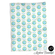 Monogram baby name blanket, teal and green, monogram baby blanket, baby swaddling blankets, baby girl or boy, baby name blanket, baby shower gift, (CHOOSE COLORS)