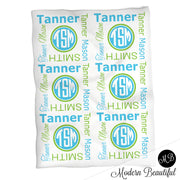 Monogram baby name blanket, green and teal, monogram baby blanket, baby swaddling blankets, baby girl or boy, baby name blanket, baby shower gift, (CHOOSE COLORS)