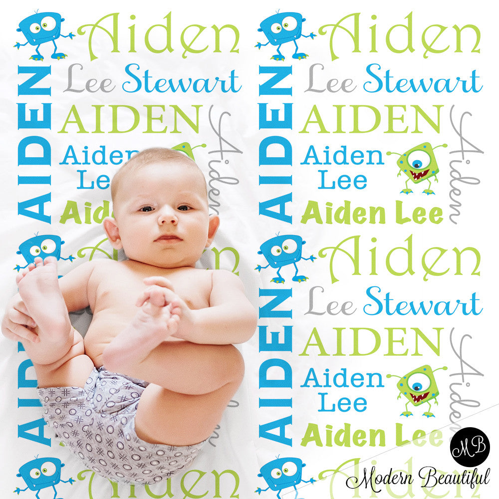 Personalized Monsters Baby Name Blanket Boy Blue and Green