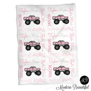 Baby girl monster truck name blanket, pink and black truck swaddling blankets, baby girl monster truck theme blanket, monster truck baby shower gift, (CHOOSE COLORS)