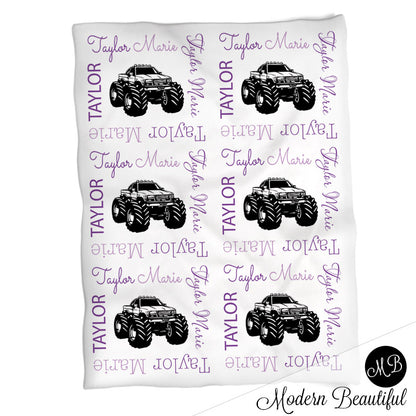Baby girl monster truck name blanket, purple and black truck swaddling blankets, baby girl monster truck theme blanket, monster truck baby shower gift, (CHOOSE COLORS)