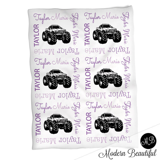Baby girl monster truck name blanket, purple and black truck swaddling blankets, baby girl monster truck theme blanket, monster truck baby shower gift, (CHOOSE COLORS)