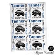 Monster truck baby name blanket, blue and black, monster truck baby blanket, baby swaddling blankets, baby girl or boy, baby name blanket, baby shower gift, (CHOOSE COLORS)