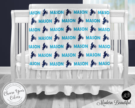 Motocross dirt bike baby boy blanket, blue and black motocross name blanket, custom dirt bike personalized baby gift, swaddle baby blanket, personalized blanket, boy or girl blanket, choose colors