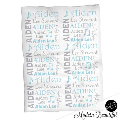 Baby boy music note name blanket in blue and gray, personalized boy music baby gift, musical theme blanket, boy name blanket, personalized blanket, (CHOOSE COLORS)