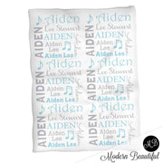Baby boy music note name blanket in blue and gray, personalized boy music baby gift, musical theme blanket, boy name blanket, personalized blanket, (CHOOSE COLORS)