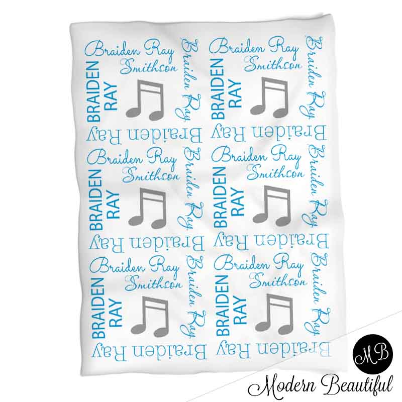 Boy musical note name blanket in blue and gray, personalized boy music note baby gift, musical theme blanket, boy name blanket, personalized blanket, (CHOOSE COLORS)