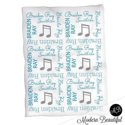 Boy musical note name blanket in blue and gray, personalized boy music note baby gift, musical theme blanket, boy name blanket, personalized blanket, (CHOOSE COLORS)