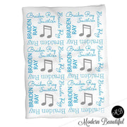 Boy musical note name blanket in blue and gray, personalized boy music note baby gift, musical theme blanket, boy name blanket, personalized blanket, (CHOOSE COLORS)