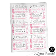 Baby girl music note blanket, pink and gray name blanket, music note swaddling blanket, music baby gift, girl baby shower gift, choose colors