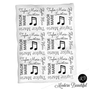 Baby girl music note blanket, black and white name blanket, music note swaddling blanket, music baby gift, girl baby shower gift, choose colors