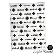 Black and white plus cross blanket, Scandinavian style baby boy name blanket, baby boy shower gift, boy personalized blanket, choose colors