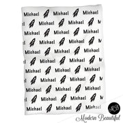 Black and white space rocket blanket, Scandinavian style baby boy name blanket, baby boy shower gift, boy personalized blanket, choose colors