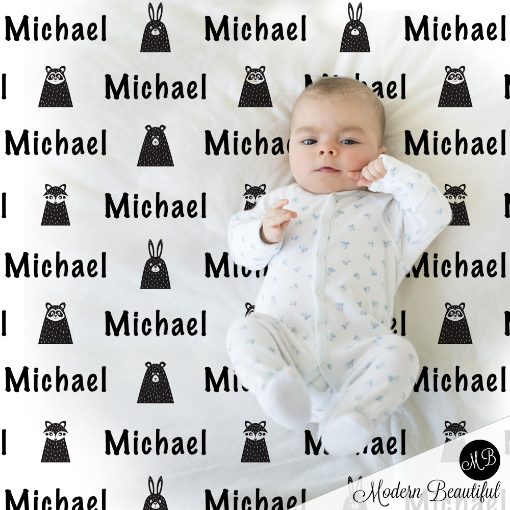 Black and white woodland animals blanket, Scandinavian style baby boy name blanket, baby boy shower gift, boy personalized blanket, choose colors