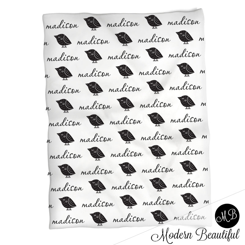Cute girl bird baby blanket, Scandinavian black and white baby blanket, birdie baby name blanket,  personalized baby gift, girl bird blanket, girl baby blanket, personalized baby name blanket, photo prop CHOOSE COLOR