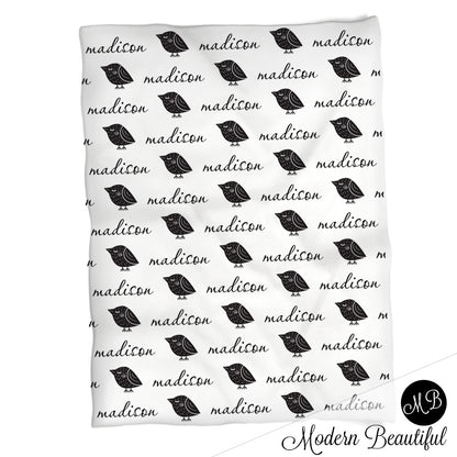 Cute girl bird baby blanket, Scandinavian black and white baby blanket, birdie baby name blanket,  personalized baby gift, girl bird blanket, girl baby blanket, personalized baby name blanket, photo prop CHOOSE COLOR