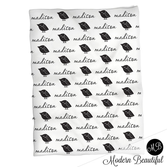 Cute girl bird baby blanket, Scandinavian black and white baby blanket, birdie baby name blanket,  personalized baby gift, girl bird blanket, girl baby blanket, personalized baby name blanket, photo prop CHOOSE COLOR