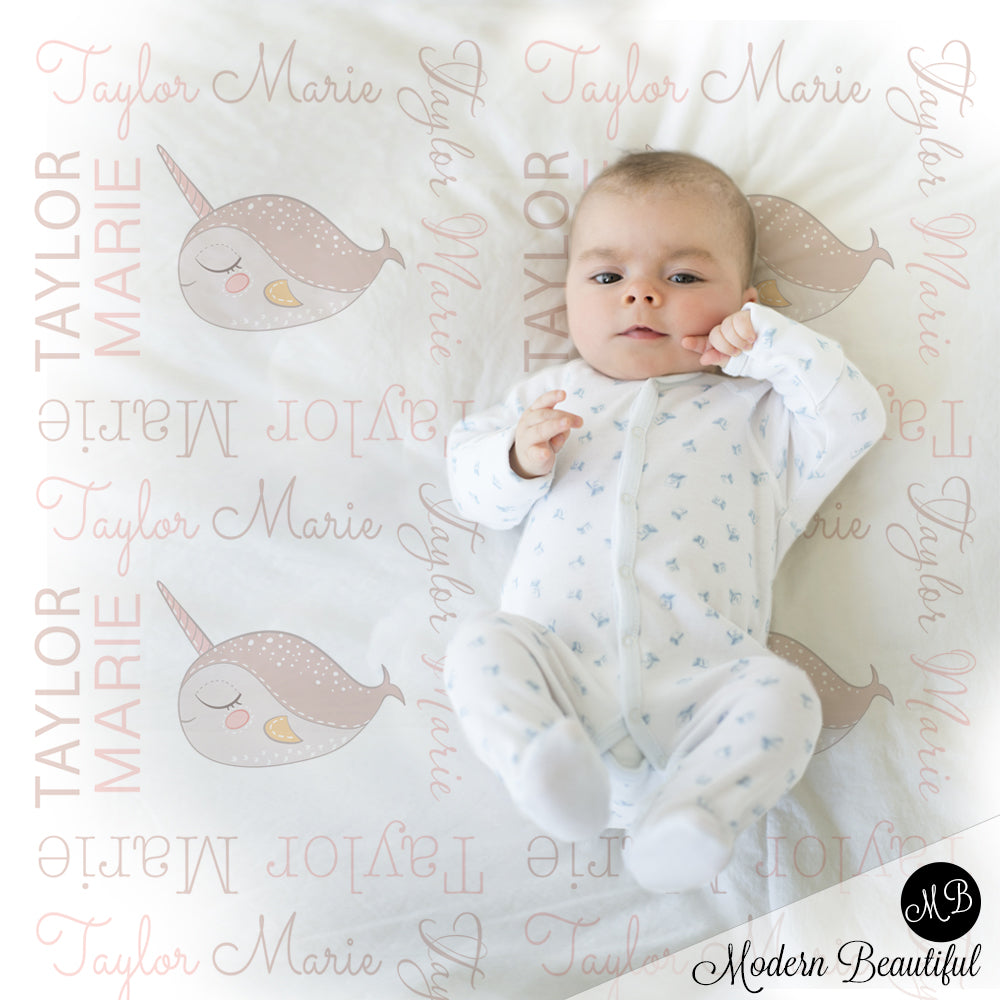 Baby girl pastel narwhal name blanket