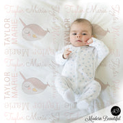 Baby girl pastel narwhal name blanket