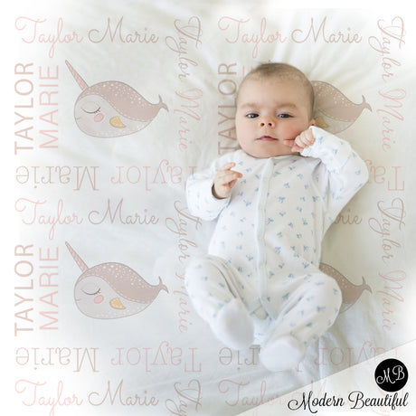 Baby girl pastel narwhal name blanket