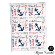 Nautical anchor baby name blanket, blue and red, anchor baby blanket, baby swaddling blankets, baby girl or boy, baby name blanket, baby shower gift, (CHOOSE COLORS)