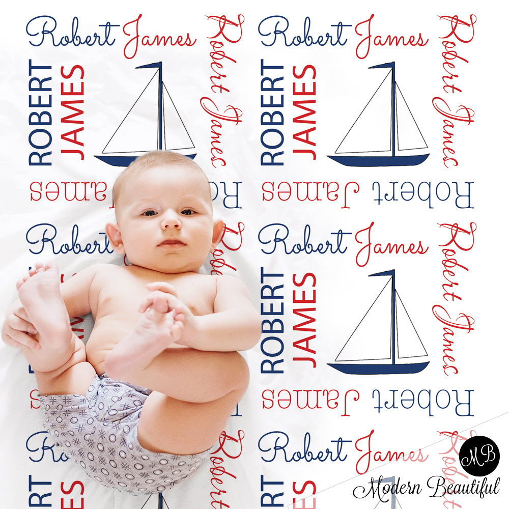 Nautical sailboat baby name blanket