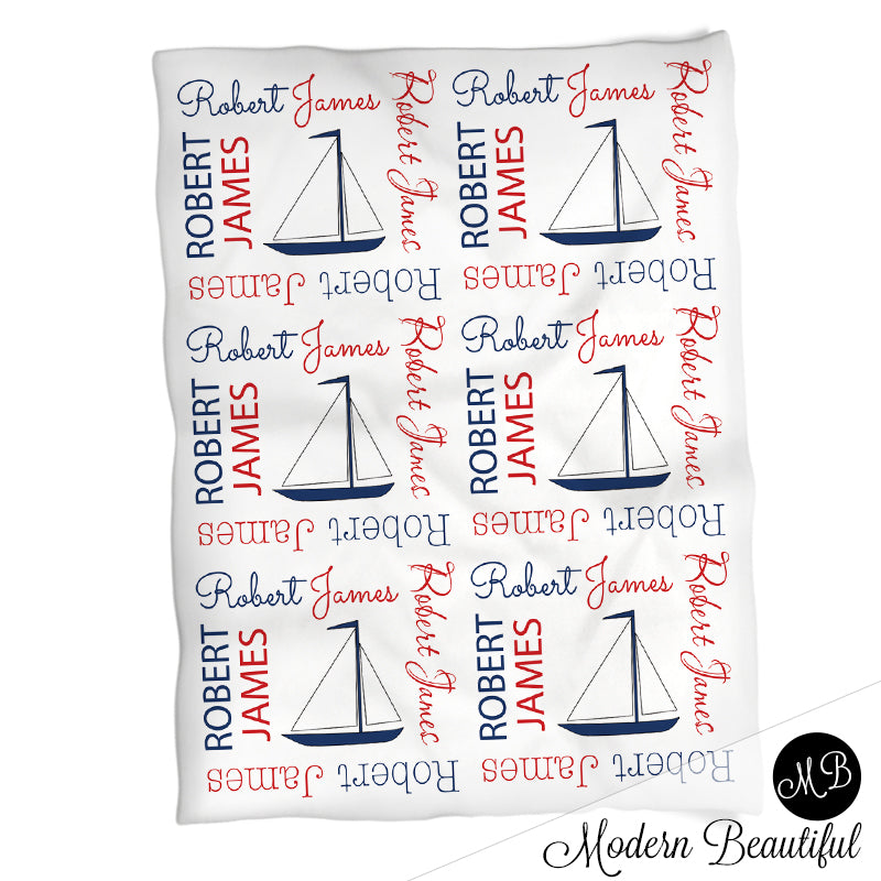 Nautical sailboat baby name blanket, blue and red, sailboat baby blanket, baby swaddling blankets, baby girl or boy, baby name blanket, baby shower gift, (CHOOSE COLORS)