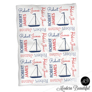 Nautical sailboat baby name blanket, blue and red, sailboat baby blanket, baby swaddling blankets, baby girl or boy, baby name blanket, baby shower gift, (CHOOSE COLORS)