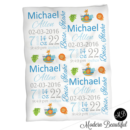 Noah's ark baby boy stats blanket, green and blue, noah's ark boy baby blanket, personalized noah's ark animals baby blanket, baby stats blanket, boy or girl stats swaddle blanket, baby shower gift, choose colors