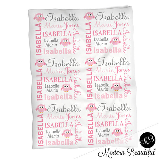 Owl Theme personalized child blanket for girl