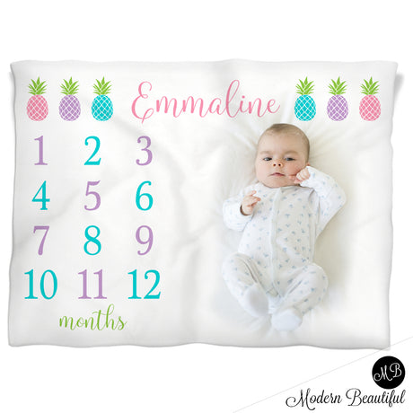Pineapple Milestone Name Blanket for Baby Girl, personalized growth baby gift, personalized photo prop blanket - choose your colors