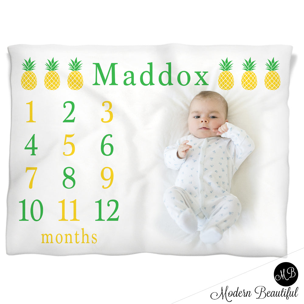 Pineapple Milestone Name Blanket for Baby Boy, personalized growth baby gift, personalized photo prop blanket - choose your colors