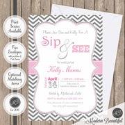 Pink and gray girl sip and see baby shower invitation
