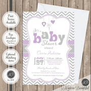 purple and gray heart baby shower invitation