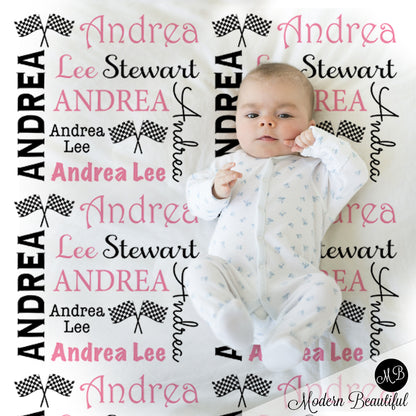 Baby girl drag racing name blanket, hot pink and black, racing swaddling blanket, baby girl race flag blanket, girl baby shower gift, (CHOOSE COLORS)